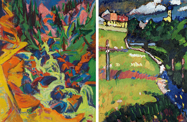 Left: Ernst Ludwig Kirchner, The Waterfall, 1919, private collection CAPTION: Right: Wassily Kandinsky, The Church in Murnau, 1908-09, Regional M. Vrubel Art Museum, Omsk